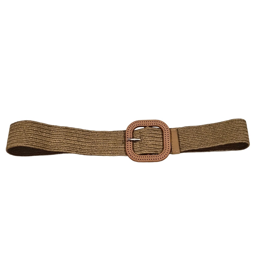 Tan Woven Elastic Stretch Belt Wood Look Square Buckle Boho Khaki Wide Braided